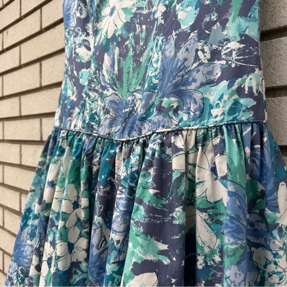 Vintage Laura Ashley Blue Floral Drop Waist Dress 80s 90s White Teal Sleeveless - Picture 4 of 10